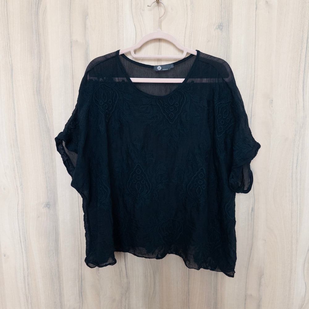 Womens Sheer Embroidered Blouse L Black Floral Italy Layer Witchy Boho Boxy Goth